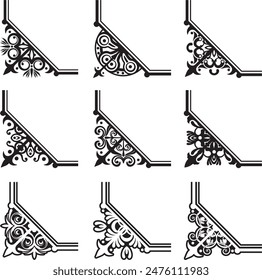 Vintage ornamental page decoration designs, borders, flourish corners, baroque royal filigrees. Retro wedding invitation design elements. Victorian decoration vector graphics, very clean, vinyl ready.