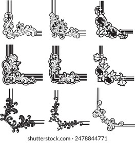 Vintage ornamental page decoration designs, borders, flourish corners, baroque royal filigrees. Vintage wedding invitation swirls. Victorian decoration vector elements, very clean, vinyl ready