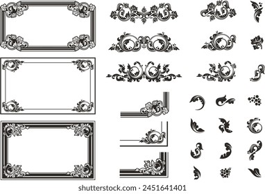 Vintage ornamental page decoration floral designs with leaves, swirls and grapes. Vector frames, borders, flourish corners, baroque filigrees, wedding invitation decorations, damask patterns, elements