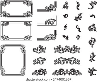 Vintage ornamental page decoration floral designs with leaves, swirls and grapes. Vector frames, borders, flourish corners, baroque filigrees, wedding invitation decorations, damask patterns, elements