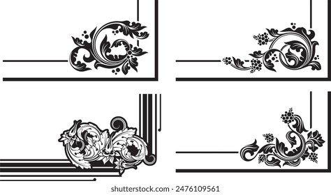 Vintage ornamental page decoration floral designs with leaves, swirls and grapes. Vector flourish corners, baroque style, wedding invitation decorations, damask patterns, elements