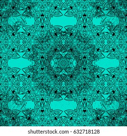 Vintage ornamental pattern on a blue background with black elements. Vector illustration.