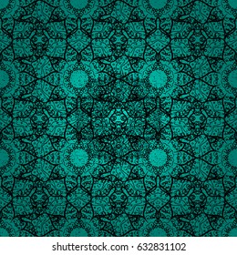 Vintage ornamental pattern on a blue background with black elements.