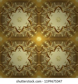 Vintage ornamental pattern on a brown, yellow and neutral colors with golden elements. Vector illustration.