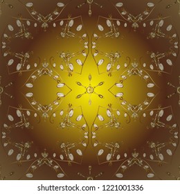 Vintage ornamental pattern on a brown, yellow and beige colors with golden elements. Vector illustration.