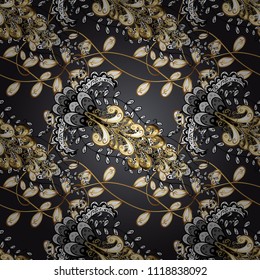 Vintage ornamental pattern on a gray, black and white colors with golden elements. Vector illustration.
