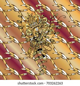Vintage ornamental pattern on a stripe yellow and brown background with golden elements. Christmas 2019, snowflake, new year.