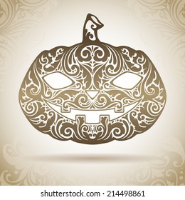 Vintage ornamental pumpkin. Decorative icon on a background with pattern 