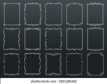 Vintage ornamental rectangular retro frames template on chalkboard, vector illustration white on black. decorative borders for typography page, wedding invitation, scrapbooking, certificate, menu.