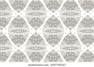 Vintage ornamental seamless pattern with a symmetric layout in neutral tones. Delicate curves and shapes, ideal for wallpaper, packaging, and fabric design.