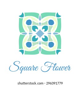 Vintage ornamental square logo. Colorful symmetry ceramic tile pattern. Business style.