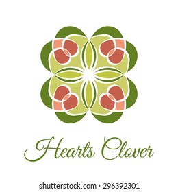 Vintage ornamental square logo. Colorful symmetry ceramic tile pattern. Business style. Lucky hearts clover quatrefoil