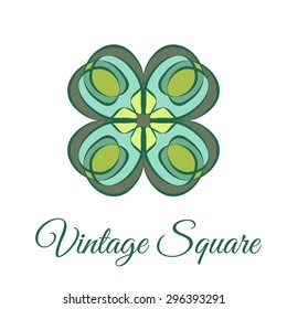 Vintage ornamental square logo. Colorful symmetry ceramic tile pattern. Business style. Lucky clover quatrefoil