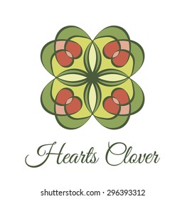 Vintage ornamental square logo. Colorful symmetry ceramic tile pattern. Business style. Lucky hearts clover quatrefoil