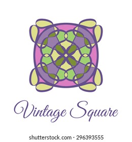 Vintage ornamental square logo. Colorful symmetry ceramic tile pattern. Business style.