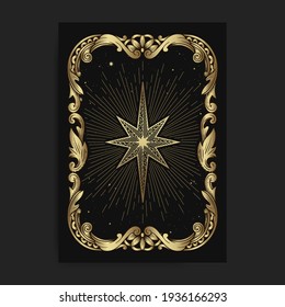 Vintage ornamental star card, with engraving, luxury, esoteric, boho, spiritual, geometric, astrology, magic themes, for tarot reader card. Premium Vector