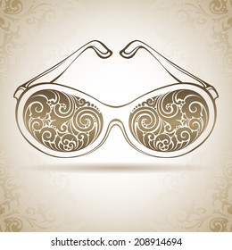 Vintage ornamental sunglasses . Decorative icon on a background with pattern 