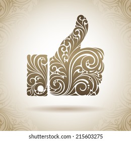 Vintage ornamental symbol thumbs up. Decorative icon on a background with pattern  