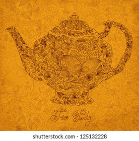 Vintage ornamental teapot with retro background