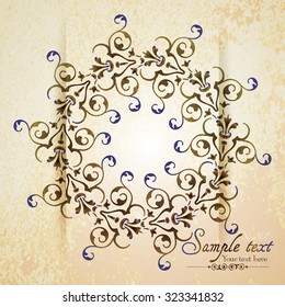 Vintage ornamental template with pattern and decorative frame. Vector illustration.