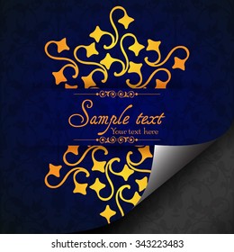 Vintage ornamental template with pattern and decorative frame, curled page design. Vector illustration.