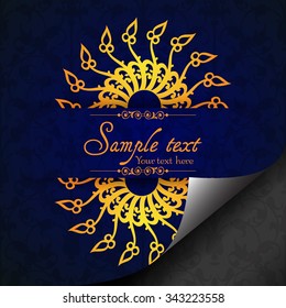 Vintage ornamental template with pattern and decorative frame, curled page design. Vector illustration.