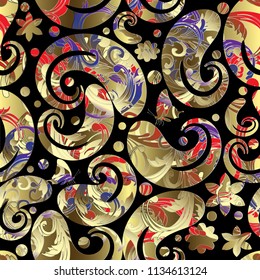 Vintage ornamental vector Paisley seamless pattern. Patterned floral colorful background. Beautiful paisley flowers, circles, polka dots, butterflies. Oriental ethnic style ornament. Decorative design