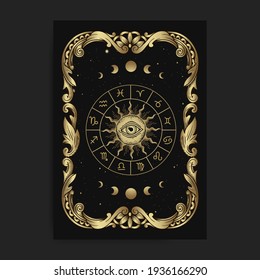 Vintage ornamental zodiac card wheel card, with engraving, luxury, esoteric, boho, spiritual, geometric, astrology, magic themes, for tarot reader card. Premium Vector