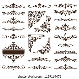 Vintage ornaments design elements floral curlicues white background curbs frame corners stickers 