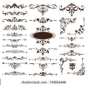 Vintage ornaments design elements floral curlicues white background curbs frame corners stickers