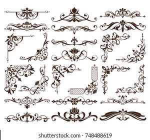 Vintage ornaments design elements floral curlicues white background curbs frame corners stickers 