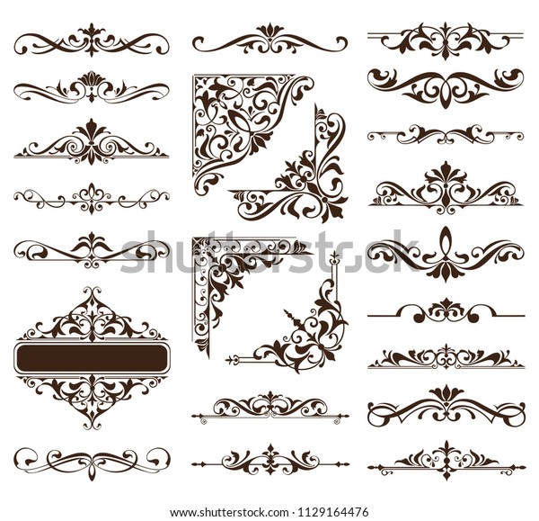 Vintage ornaments design elements\
floral curlicues white background curbs frame corners stickers\
