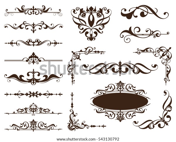 Vintage ornaments design elements\
floral curlicues white background\
curbs frame corners stickers\
