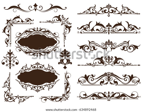 Vintage ornaments design elements\
floral curlicues white background curbs frame corners stickers.\
Borders, monograms and dividers patterns on a white\
background