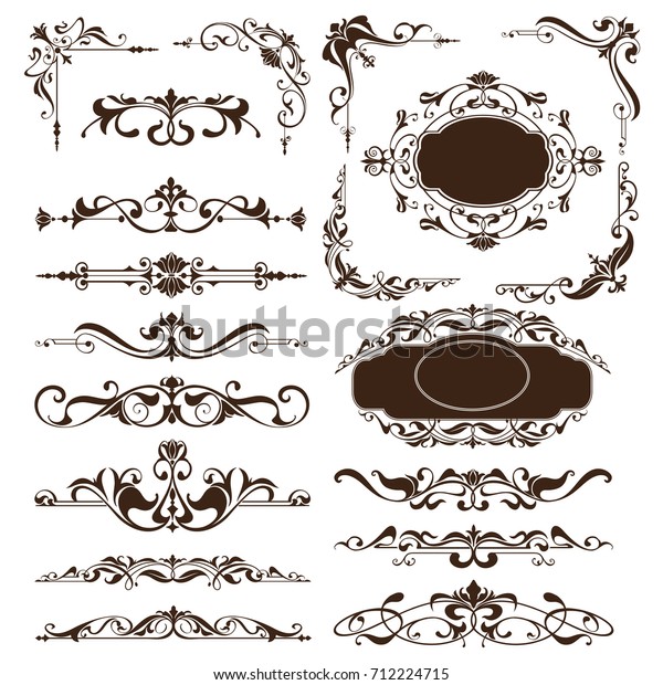 Vintage ornaments design elements\
floral curlicues white background curbs frame corners stickers\
