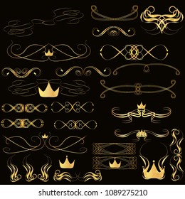 Vintage ornaments and dividers, calligraphic design elements and page decoration, exclusive, highest quality, retro style set of ornate on a black background