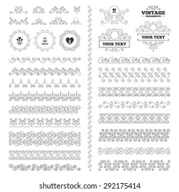 Vintage ornaments. Flourishes calligraphic. 8 March Women's Day icons. Tulips or rose flowers bouquet and heart sign symbols. Invitations elements. Vector