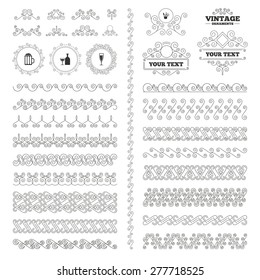 Vintage ornaments. Flourishes calligraphic. Alcoholic drinks icons. Champagne sparkling wine and beer symbols. Wine glass and cocktail signs. Invitations elements. Vector