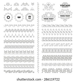 Vintage ornaments. Flourishes calligraphic. Anonymous mask and cogwheel gear icons. Recycle bin delete and power sign symbols. Invitations elements. Vector