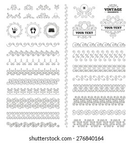 Vintage ornaments. Flourishes calligraphic. Beach holidays icons. Cocktail, human footprints and swimming trunks signs. Summer sun symbol. Invitations elements. Vector