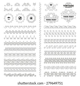 Vintage ornaments. Flourishes calligraphic. Beach holidays icons. Ball, umbrella and flip-flops sandals signs. Summer sun symbol. Invitations elements. Vector