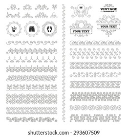 Vintage ornaments. Flourishes calligraphic. Beach holidays icons. Cocktail, human footprints and swimming trunks signs. Summer sun symbol. Invitations elements. Vector