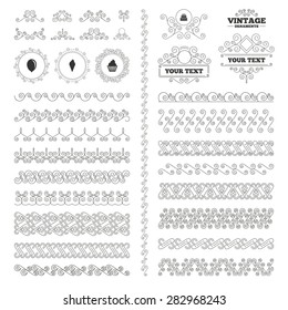 Vintage ornaments. Flourishes calligraphic. Birthday party icons. Cake with ice cream signs. Air balloon symbol. Invitations elements. Vector