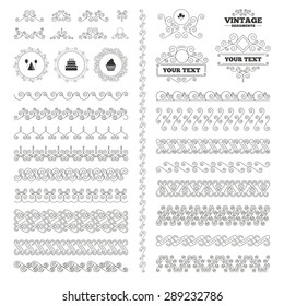 Vintage ornaments. Flourishes calligraphic. Birthday party icons. Cake, balloon, hat and muffin signs. Celebration symbol. Cupcake sweet food. Invitations elements. Vector
