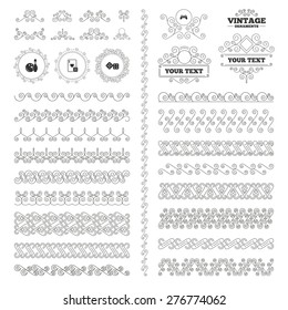 Vintage ornaments. Flourishes calligraphic. Bowling and Casino icons. Video game joystick and playing card with dice symbols. Entertainment signs. Invitations elements. Vector