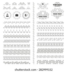 Vintage ornaments. Flourishes calligraphic. Businessman icons. Human silhouette and cash money signs. Case and presentation symbols. Invitations elements. Vector