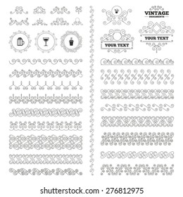 Vintage ornaments. Flourishes calligraphic. Drinks icons. Take away coffee cup and glass of beer symbols. Wine glass and cocktail signs. Invitations elements. Vector