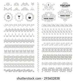 Vintage ornaments. Flourishes calligraphic. Drinks icons. Coffee cup and glass of beer symbols. Wine glass sign. Invitations elements. Vector