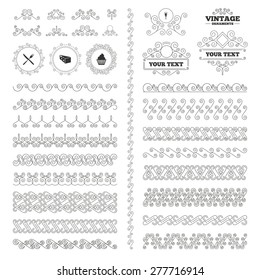 Vintage ornaments. Flourishes calligraphic. Food icons. Muffin cupcake symbol. Fork and knife sign. Glass of champagne or wine. Slice of cheese. Invitations elements. Vector