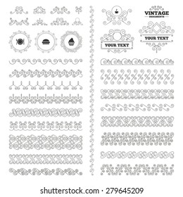 Vintage ornaments. Flourishes calligraphic. Food and drink icons. Muffin cupcake symbol. Plate dish with fork and knife sign. Hot coffee cup and hamburger. Invitations elements. Vector